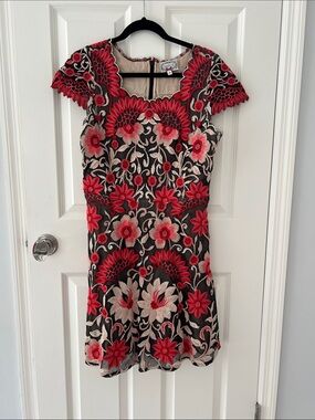 Anthropologie Black Mini Dress with Red and Cream Floral Embroidery